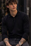Men's Shiny Pocketless Plain Pattern Black Sweater - 5