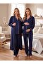 New Season Navy Blue Piping Detailed Full Buttoned Design Long Sleeve 100% Cotton Maternity Maternity Dressing Gown Pajama Set - 5
