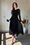 Silvery Patterned Asymmetrical Midi Black Dress - 7