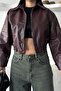 Women's Oversize Crop Faux Leather Bomber Jacket - 4