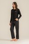 Women's Black Modal Round Buttoned Collar Black Pajama Set, Combed Cotton Modal Pajama Set, 50% Cotton 50% - 6