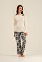 Women's Beige Uzunkol Buttoned Round Neck Seasonal Pajama Set, Combed Modal Pajama Set with Pockets, 50% - 4
