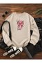 Women's Leopard Bow Pink Ribbon Printed Comfortable Fit Crew Neck Beige Sweatshirt