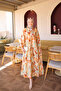 Brown Half Buttoned Sleeves Elastic Patterned Dress