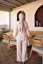Beige Elastic Sleeve Buttoned Tunic Trouser Suit - 5