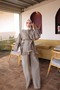 Khaki Tie-Waist Balloon Sleeve Ruffle Tunic Pants Set - 2