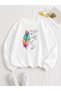 Women's Left İt Be Feather Printed Crew Neck Women's White Sweatshirt