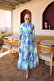 Blue Half-Buttoned Layered Dress with Elastic Sleeves - 2