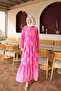 Pink Half Buttoned Sleeves Elastic Skirt Layered Viscose Dress - 2