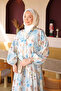 Blue Half Buttoned Sleeves Elastic Patterned Dress - 3