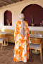 Orange Half Buttoned Sleeves Elastic Skirt Layered Viscose Dress - 5