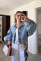 Washable Snow Balloon Sleeve Zippered Denim Jacket - Blue - 4