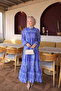 Blue Half Buttoned Sleeves Elastic Skirt Layered Viscose Dress - 2