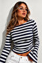 Women's Navy Blue White Striped Crop Blouse Long Sleeve Boat Neck Stretchy Casual Chic Top - 2