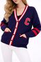 Women's Navy Blue Knitwear Cardigan College Patterned Striped Pocket Buttoned Oversized Cardigan