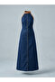 Women's Denim Halter Neck Detailed Maxi Dress - 4
