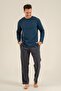 Men'S, Navy Blue, Embroidered, 100% Cotton, Long Sleeve Pajama Set (with Socks as a Gift) - 2