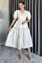 Women's Buttoned V-Neck Ruffled Balloon Sleeve Dress - 2