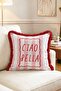 Retro Ciao Bella Written Pink Striped Decorative Fringed Throw Pillow Cover - 2