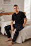 Men's Cotton Short Sleeve Navy Plaid Pocket Detail Pajama Set