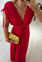 Low-Cut, Cuffed-Sleeve Red Maxi Dress - 2
