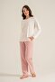 Women's White Crew Neck Pajama Set, Combed Cotton Modal Pajama Set with Pockets, 50% Cotton 50% Modal - 3