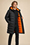 Men's Black Water and Wind-Resistant Hooded, Orange Lined Long Winter Puffer Coat - 2