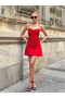 Women's Red Stone Embroidered Drawstring Backless Gathered Tulle Mini Dress - 4