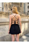 Women's Black Stone Embroidered Drawstring Backless Gathered Tulle Mini Dress - 2