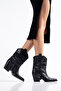 Women's Western Cowboy Drawstring Buckle Pointed Toe Thick Heeled Boots Vegan Faux Leather - 3