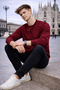 Men's Basic Crew Neck Loose Burgundy Winter Sweatshirt - 2