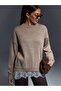 Women's Beige Lace Detailed Oversize Crew Neck Knitwear Sweater - 2