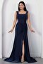Square Neck Beaded Slit Dress Ecr5974 - 6
