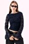 Crep Women's Flock Printed Floral Patterned Boat Neck Gathered Long Sleeve Tulle Blouse Navy Blue - 6