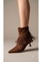 Women's Suede Textured Tasseled Studded Detailed Pointed Toe Thin Short Heeled Stylish Bootie Boots