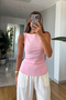 Women's Textured Boat Neck Ruched Top Blouse Pink