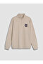 Beige Stand Collar Embroidered Boys' Thick Sweatshirt