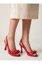 Red Patent Leather Bow Buckle Detailed Heeled Sandals Open Back Slingback 9 cm Goblet Heel Evening Dress Henna - 3