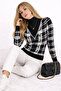 Women's Knitwear Sweater Black White Plaid Patterned Turtleneck Long Sleeve Knitted Stylish Casual Sweater - 2