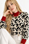 Women's Knitwear Sweater Ecru Black Leopard Patterned Red Detailed Crew Neck Long Sleeve Knitted Sweater - 4