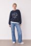 Printed Embroidery Detailed Sweatshirt Navy Blue - 2