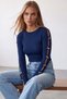 Women's Cobalt Blue Crew Neck Sleeve Gold Button Detailed Ottoban Blouse Alc-X14336