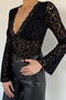 Women's V-Neck Guipure Detailed Spanish Sleeve Crop Top Blouse - 3