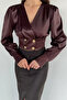 Women's Double-Breasted Collar Gold Button Detailed Satin Blouse - 3