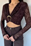 Women's Padded Shoulder Crop Top Blouse with Front Buckle - 3