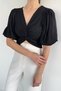Women's Front Knot Detailed Side Zipper Balloon Sleeve Crop Top Blouse - 3