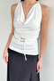 Draped Collar Side Gathered Low-Cut Blouse - 3