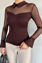 Women's Polo Collar Tulle Garnished Lycra Blouse - 2