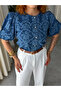 Blue Patterned Balloon Sleeve Cotton Shirt - 4