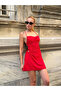 Women's Red Stone Embroidered Drawstring Dress Backless Tulle Mini Strap Evening Dress Stylish - 5